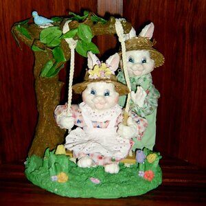 Fabric Mache Spring Bunnies Swing Easter Collectable, Decor VGUC